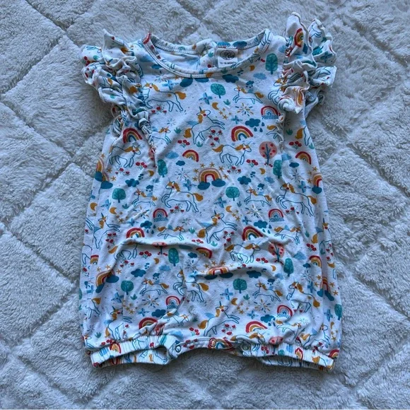Larkspur | Bamboo Unicorn Rainbow Ruffle Shorty Romper | Size 12-18 Months - Picture 5 of 8